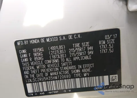 2017 Honda Hr-V Lx from USA, damaged, VIN 3CZRU5H35HM720680